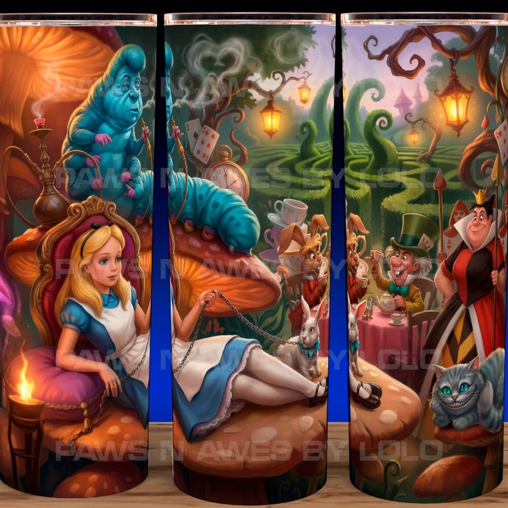 Alice in Wonderland in Chains with Caterpillar & Cheshire Cup Mug Tumbler 20oz